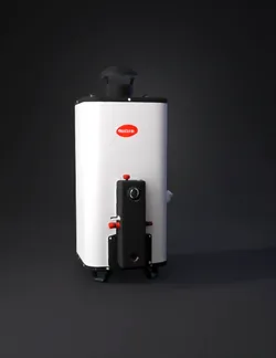 water heater with cylindrical white body black top control panel on