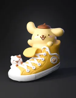 yellow sneaker with cute mascot figure emerging from the ankle area s