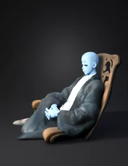 blue humanoid figure seated in ornate chair with pale blue skin and wh
