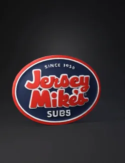 Jersey Mike s Subs logo emblem with blue oval red script and white ou