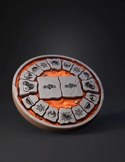 round circular game tile with engraved stone tiles around an orange mo