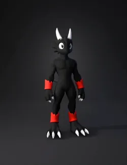 dragon humanoid with black body white horns red wrist and ankle band