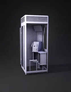 gray metal phone booth with green payphone and small counter indoor l