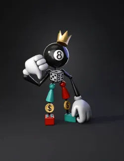 hand drawn stylized robot character with crown dice torso and hangin