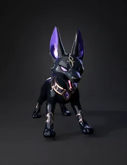 hellhound with purple flame tail gold jewelry purple eyes and magic