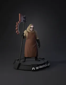 Hooded executioner figure with brown apron black gloves and a large