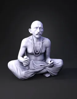 meditating monk with mala beads sitting cross legged against an orange