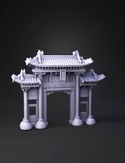ornate red and gold chinese archway with blue tiled roof and decorativ
