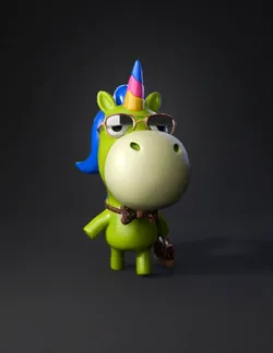 green unicorn character with blue mane wearing sunglasses and bow tie