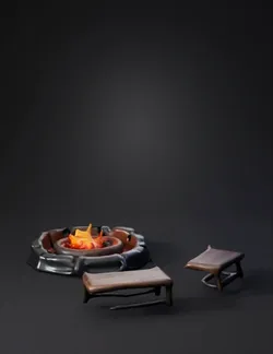 Hub central plaza landmark 12x12 meters circular stone fire pit ember