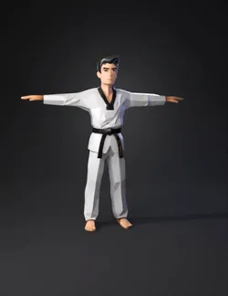 martial arts figure in white gi with black belt T pose