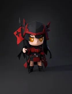 stylized armored chibi warrior with spear red and black armor orange