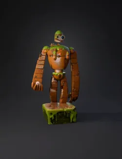 wooden robot statue with mossy green accents standing on a green pedes