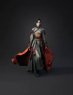 armor clad warrior in flowing gray and red costume with ornate shoulde