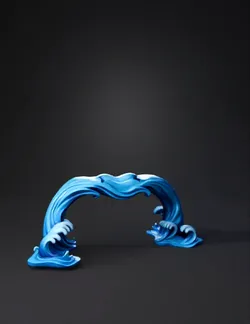 blue wave arch sculpture with flowing curling waves in bright cyan blu