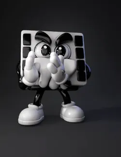 cartoon dice character with limbs black and white blocks expressive