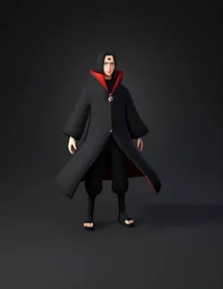 create a 3d model of itachi uchiha with gis mangekyou sharingan in Aka