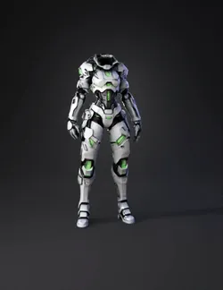 white and gray futuristic armored mecha suit with green accents