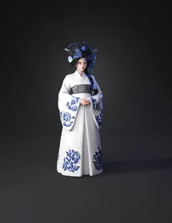 white hanfu dress with blue floral embroidery and ornate headpiece