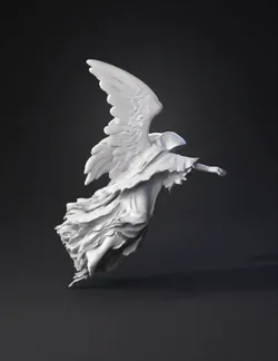 winged angel statue with detailed feathered wings and flowing robes in