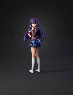 anime girl in school uniform with long purple hair blue pleated skirt