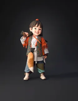 child in samurai costume with colorful patchwork vest holding a sword
