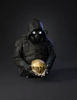 hazmat suited survivor with gas mask holding glowing orb