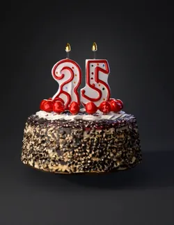 birthday cake with chocolate crumb coating white frosting red cherri