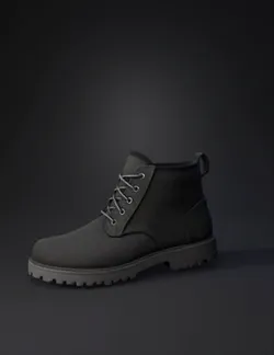 black lace up ankle boot with textured fabric and chunky lug sole