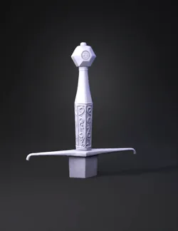 black ornate sword with silver crossguard and geometric pommel detail