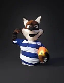 mascot fox plush wearing blue and white striped jersey with brown fur