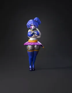 purple haired anime girl wearing blue top and pink skirt with stocking