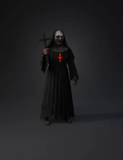 dark nun with glowing red cross on chest holding a wooden cross tatt