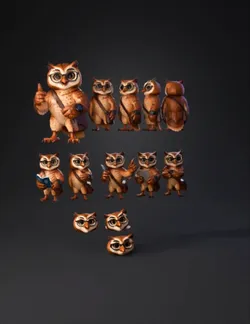 owl character with glasses satchel and smartwatch in multiple poses