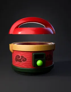 red patterned lunch box with green latch and yellow lid