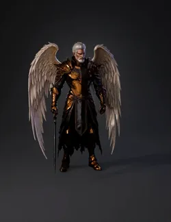 winged golden armored knight with white feathered wings ornate plate