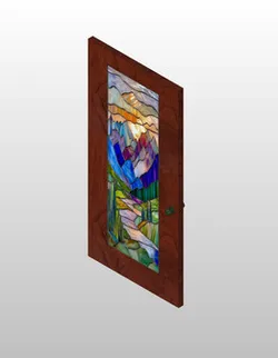 Door with artistic glass window landscape