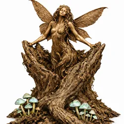 Pair of Spring Woodland Wood fairies rising up from rotted stump, figures