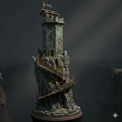 Medieval Watchtower Cliff Diorama  Fantasy Stone Tower