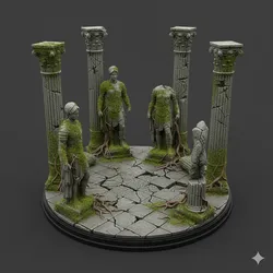 Overgrown Ancient Ruins Diorama Moss-Covered Statues and Broken Columns