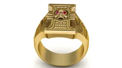 Golden Gothic Skull Ring with Ruby Eyes