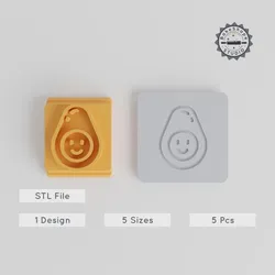 Kawaii Avocado Stamp Tile Set, Cute Food Motif, 5 Sizes for Clay, Cookies & Fondant