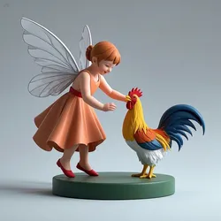 3183 Color 3D Model of a Fairy Playing with a Rooster on Base, Halloween, fox, fairy, troll, gnome, magical, wizardry, magic, monster, gothic, wizard, witch, werewolf, horror, sorcery, rooster, skeleton, skull, 3d, stl