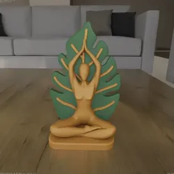 Zen Yoga Meditation Statue with Monstera Leaf Decor 3D Print Model