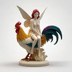 3184 Fairy Rider - COLOR 3D-Printed Statue of Fairy on Rooster, Halloween, fox, fairy, troll, gnome, magical, wizardry, magic, monster, gothic, wizard, witch, werewolf, horror, sorcery, rooster, skeleton, skull, stl