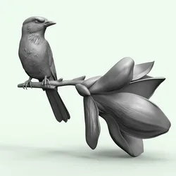 Bird on Flowering Branch Elegant Nature Sculpture 3D Print Model