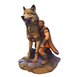 Fantasy Warrior and Wolf Companion Statue PBR 3D Print Model in Sculpture 641929