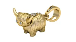 Gold Highland Cow Pendant with Diamond Eyes and Accents 3D Print Model in Pendants 628191