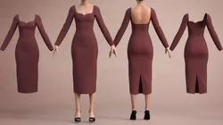 Long Sleeve Sweetheart Neck Bodycon Maxi Dress Womens 3D Clothing Model