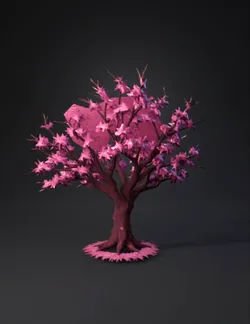 pink flowering tree with dense blossoms and brown trunk